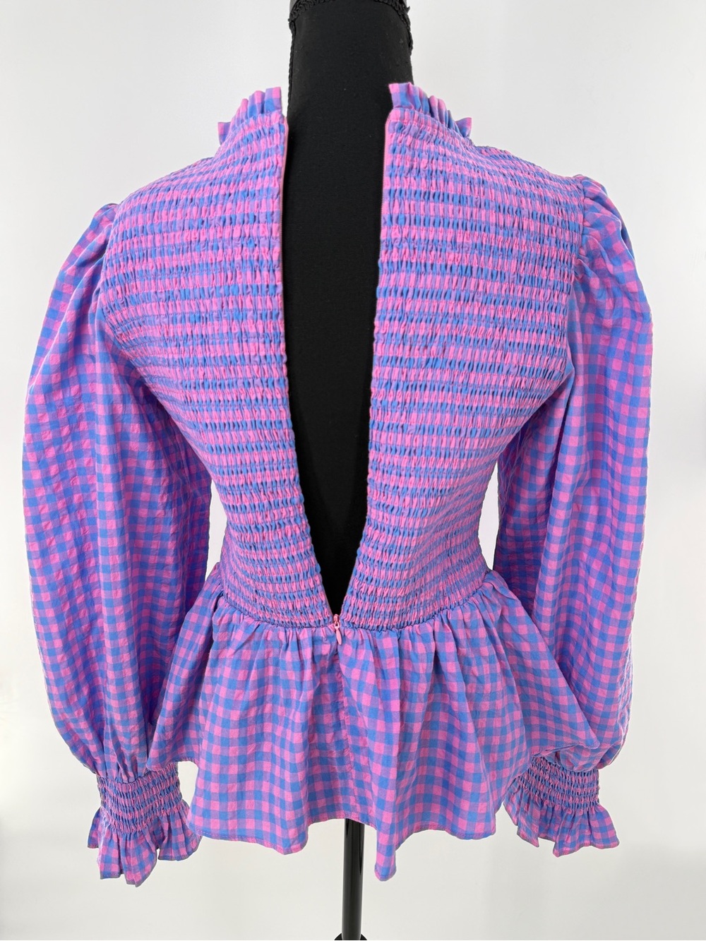 Hyacinth House Ruby Blouse Gingham Smocked Peplum Ruffle Blouse Blue Pink Size M - Picture 14 of 16